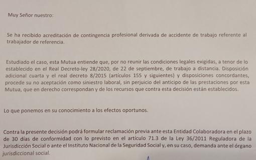 Carta de la mutua de accidentes de trabajo enviada a José Luis