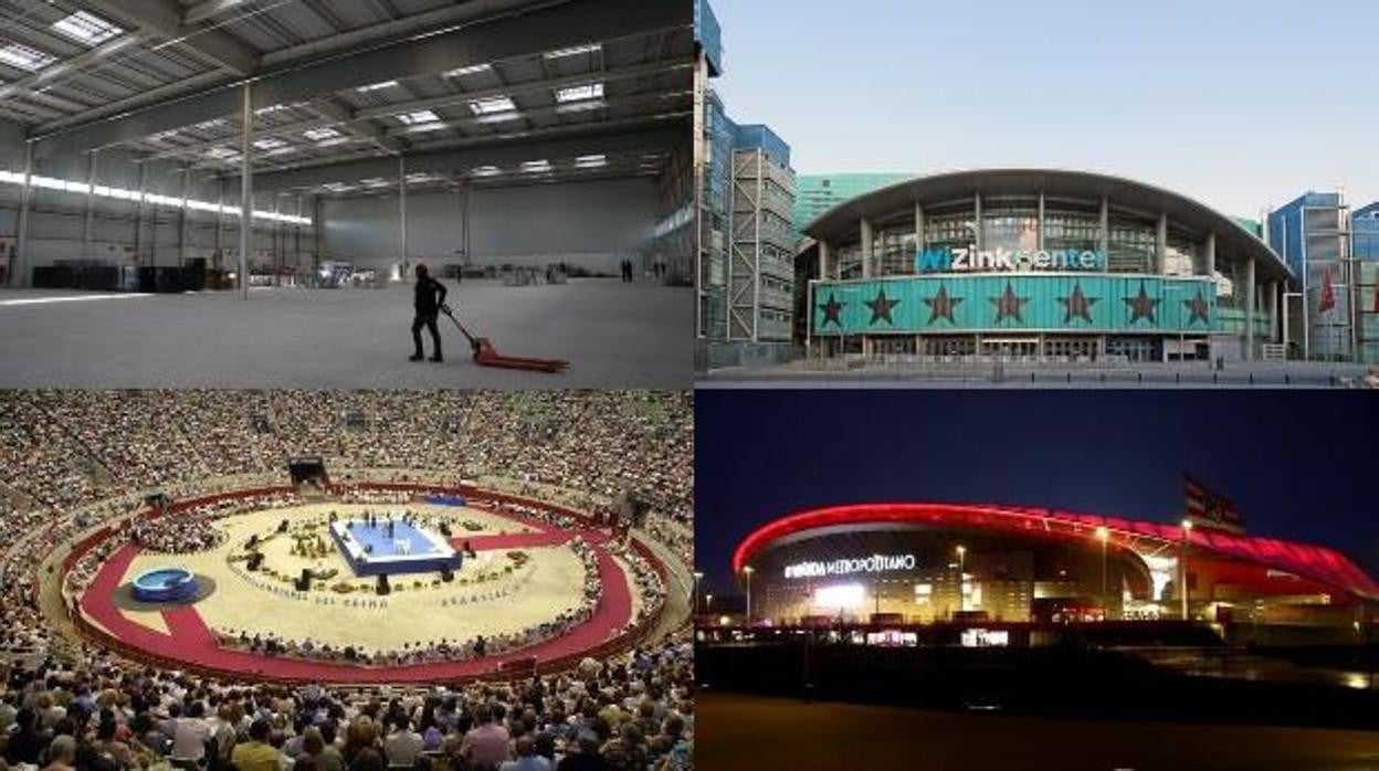 De izq. a dcha. y de arriba abajo: almacén del Hospital Zendal, WiZink Center, Palacio de Vistalegre y Wanda Metropolitano