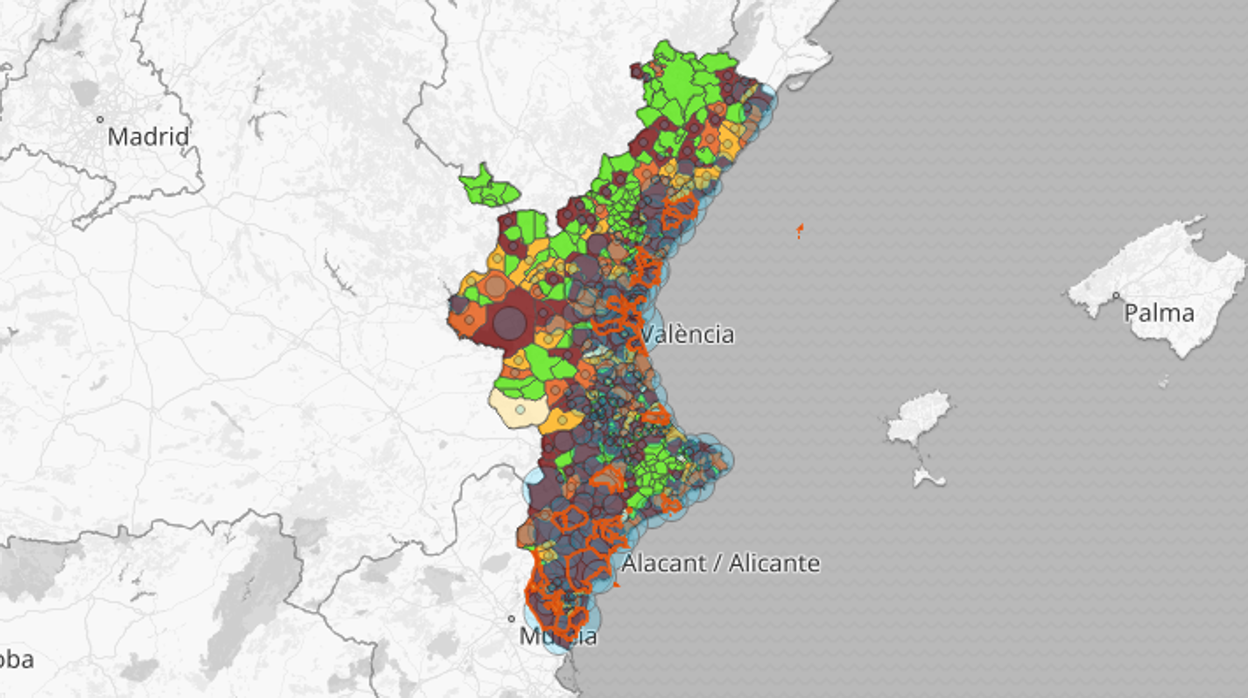 Mapa de la incidencia del coronavirus por municipios en la Comunidad Valenciana en los últimos 14 días según las pruebas PCR y los test de antígenos