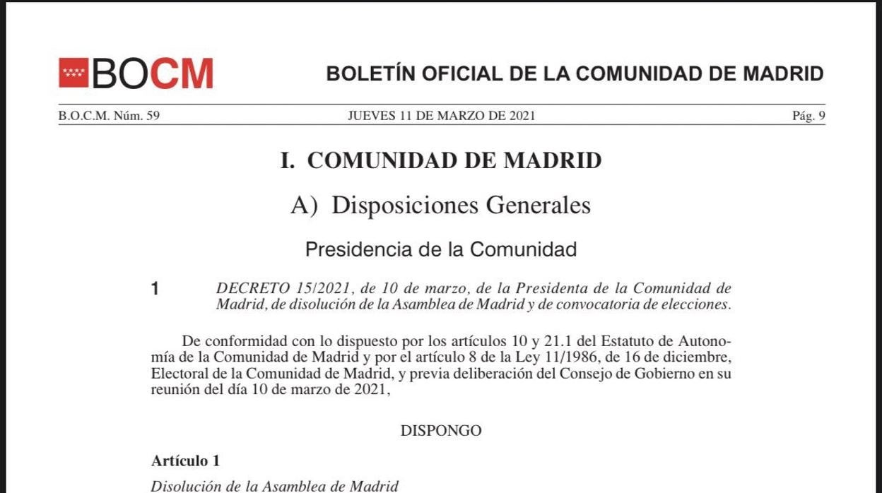 El BOCM publica el derecho de disolución de la Asamblea de Madrid y la convocatoria de elecciones