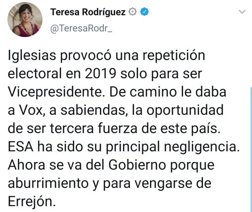 El dardo de Teresa Rodríguez a Pablo Iglesias: «Ahora se va del Gobierno porque se aburre»