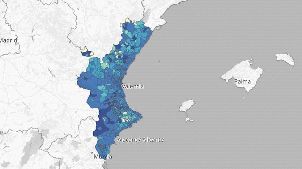 Mapa de la incidencia del coronavirus en la Comunidad Valenciana por municipios desde el inicio de la pandemia según las pruebas PCR y los test de antígenos