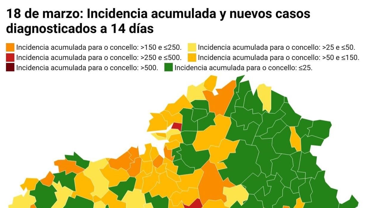 Mapa de Galicia con los datos del coronavirus a 14 días