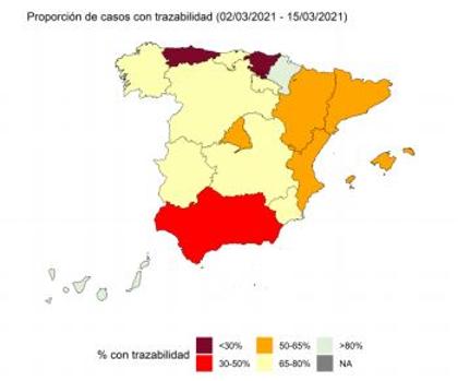 Imagen del mapa de la proporción de casos con trazabilidad del Ministerio de Sanidad