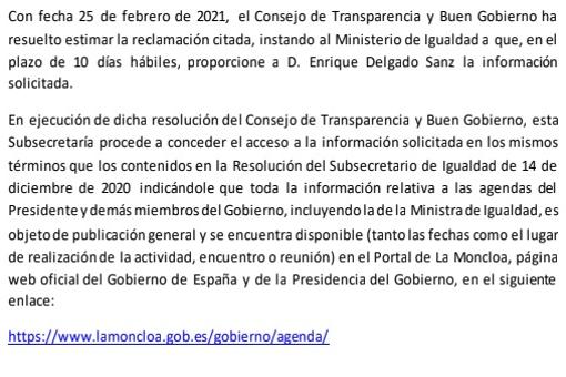 Detalle de la respuesta de Igualdad a la petición de ABC: el ministerio de Montero remite a un enlace que no responde de forma precisa a la solicitud. Transparencia, pese a la reclamación, se desentiende y admite esta respuesta