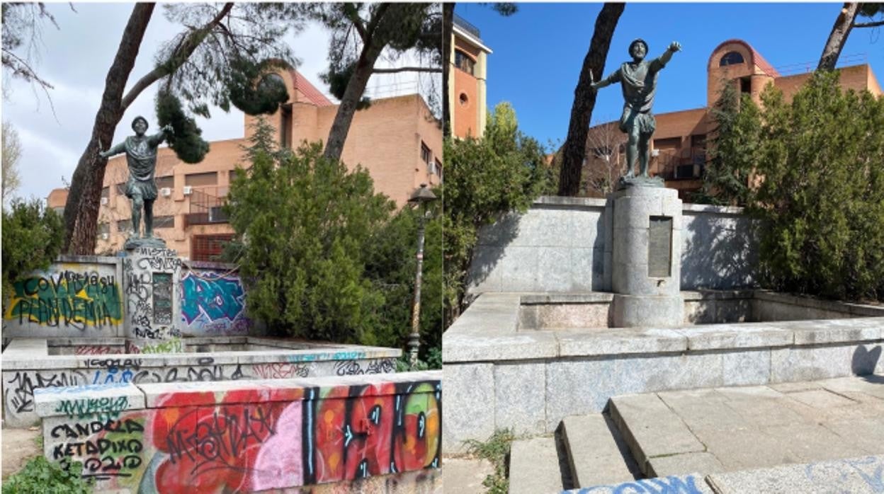 Comparación del estado del monumento a Núñez de Balboa el pasado lunes y ayer ya restaurado