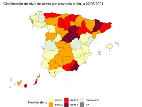 Imagen del nivel de alerta del coronavirus por provincias en España del Ministerio de Sanidad