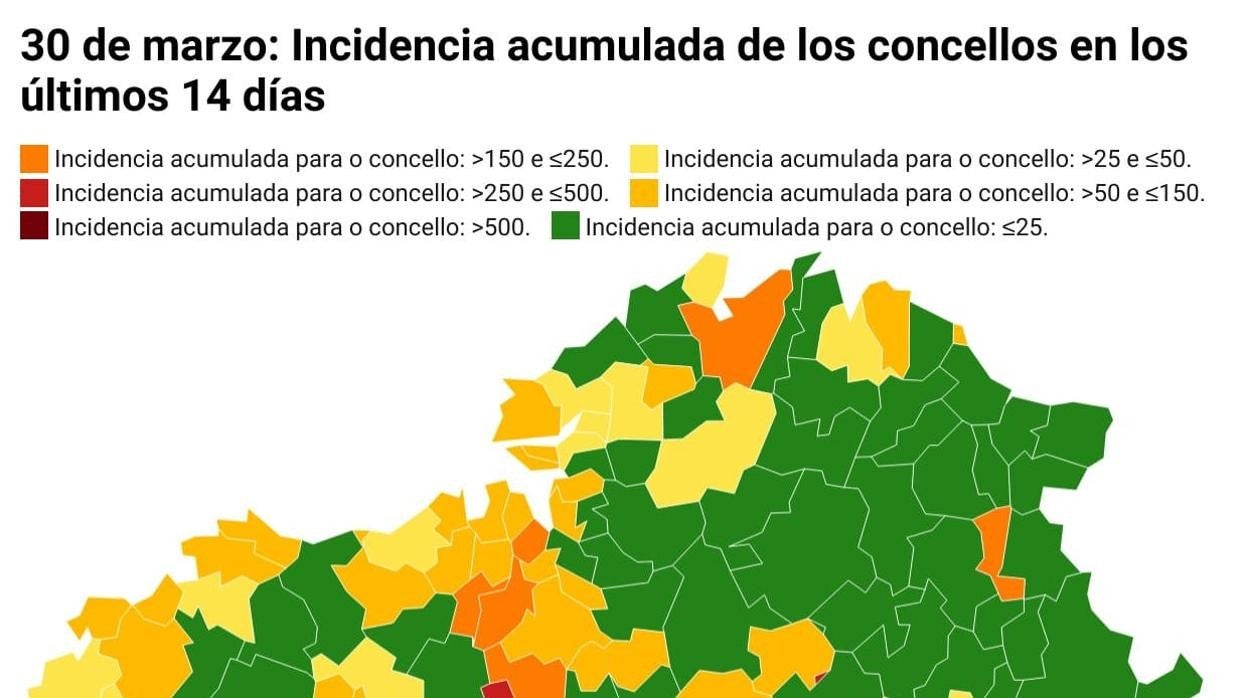 Mapa de incidencia a 14 días de los concellos gallegos antes de la reunión del comité clínico