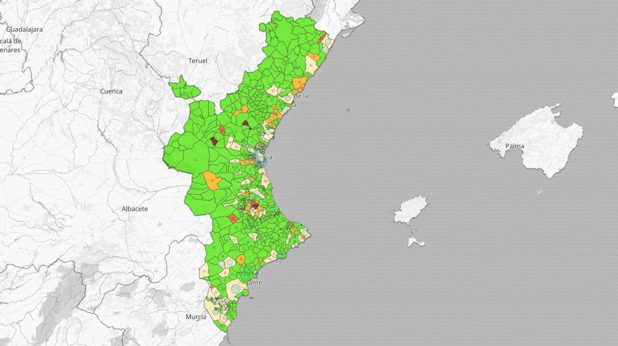 Mapa de los casos de coronavirus detectados en la Comunidad Valenciana en los últimos catorce días