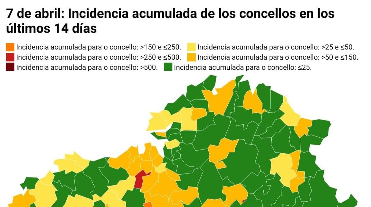 Mapa de incidencia acumulada y número de casos de cada concello este miércoles