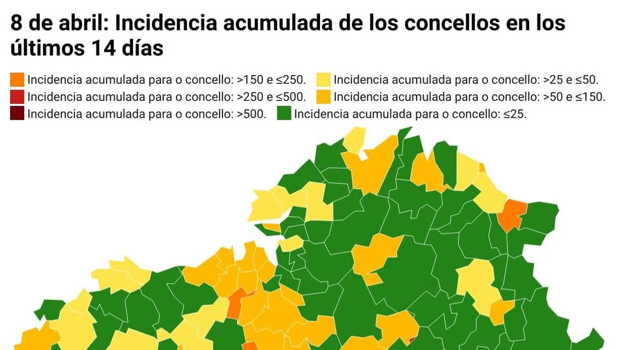 Mapa de incidencia acumulada a 14 días de los 313 concellos