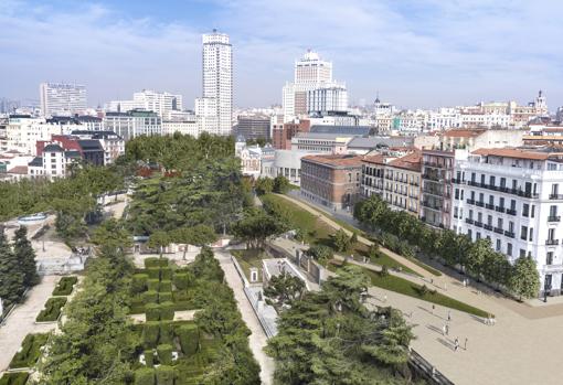 Recreación de la zona peatonalizada en la que se mantendrán los restos del palacio de Godoy sobre el túnel de Bailén