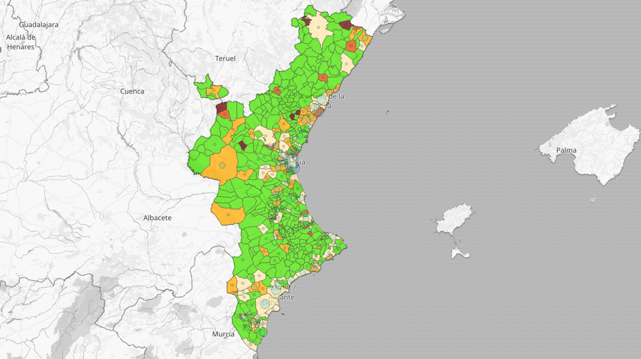 Mapa de los casos de coronavirus detectados en la Comunidad Valenciana en los últimos catorce días