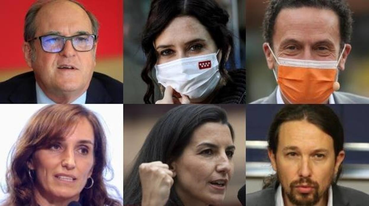Los candidatos de los seis principales con representación ahora en la Asamblea: de izq. a dcha. y de arriba abajo: Ángel Gabilondo (PSOE), Isabel Díaz Ayuso (PP), Edmundo Bal (Cs), Mónica García (MM), Rocío Monasterio (Vox) y Pablo Iglesias (UP)
