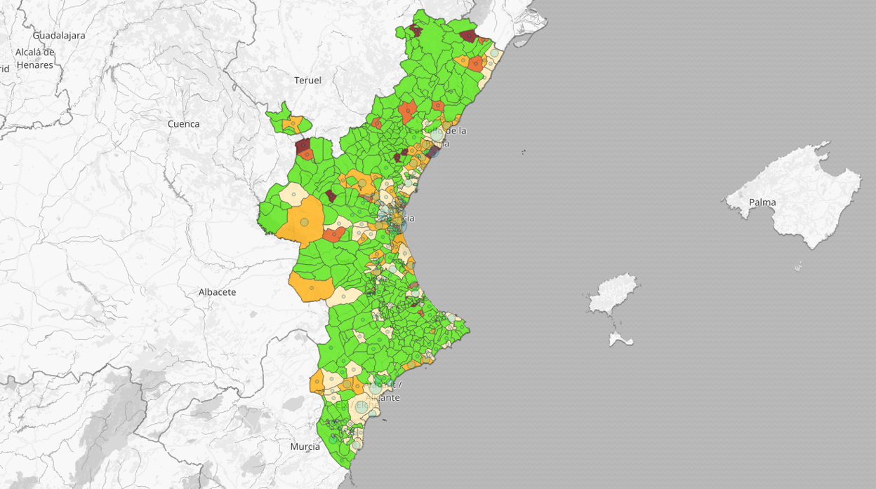 Mapa de los casos de coronavirus detectados en la Comunidad Valenciana en los últimos catorce días