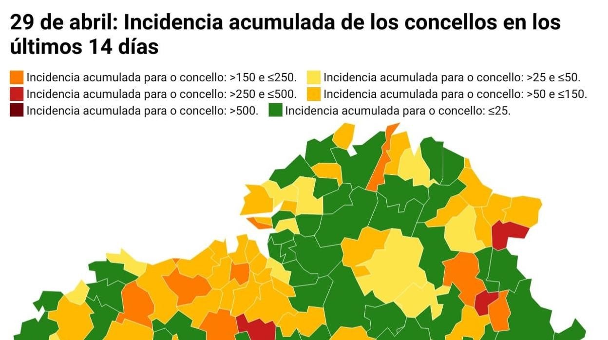 Mapa de la incidencia del coronavrirus en Galicia este jueves