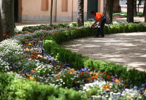 Uno de los jardineros trabaja en una zona de los jardines de Vista Alegre