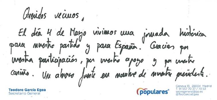 La carta del PP enviada a los vecinos de Génova y Zurbano