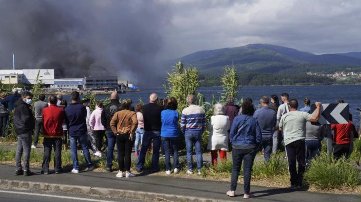 Un grupo de personas observa este sábado el incendio en la fábrica de la conservera Jealsa