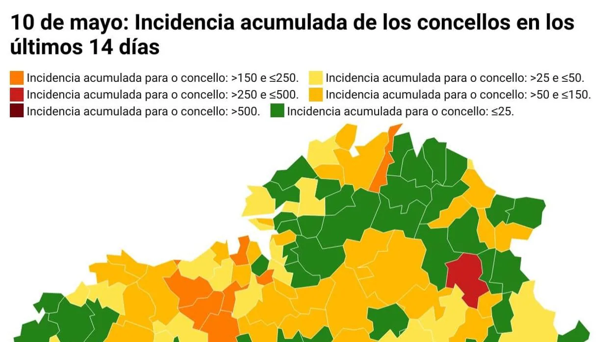 Mapa de incidencia acumulada de casos de coronavirus en Galicia