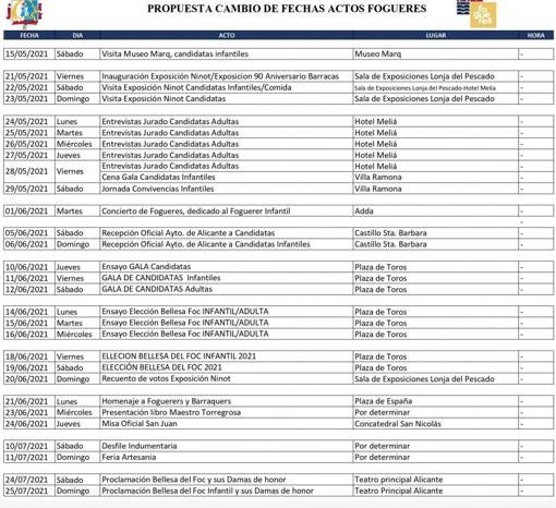 Calendario provisional de actos de las Hogueras de Alicante 2021, difundido de la Federació de Fogueres en su web