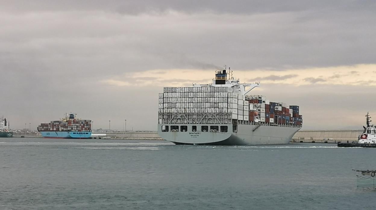 Imagen de los buques portacontenedores aislados por coronavirus en el puerto de Valencia