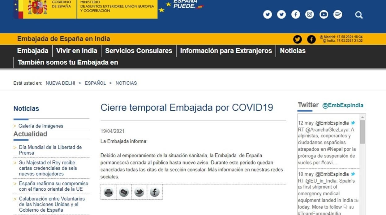 Mueren por Covid-19 dos empleados públicos de España en la India y Ecuador