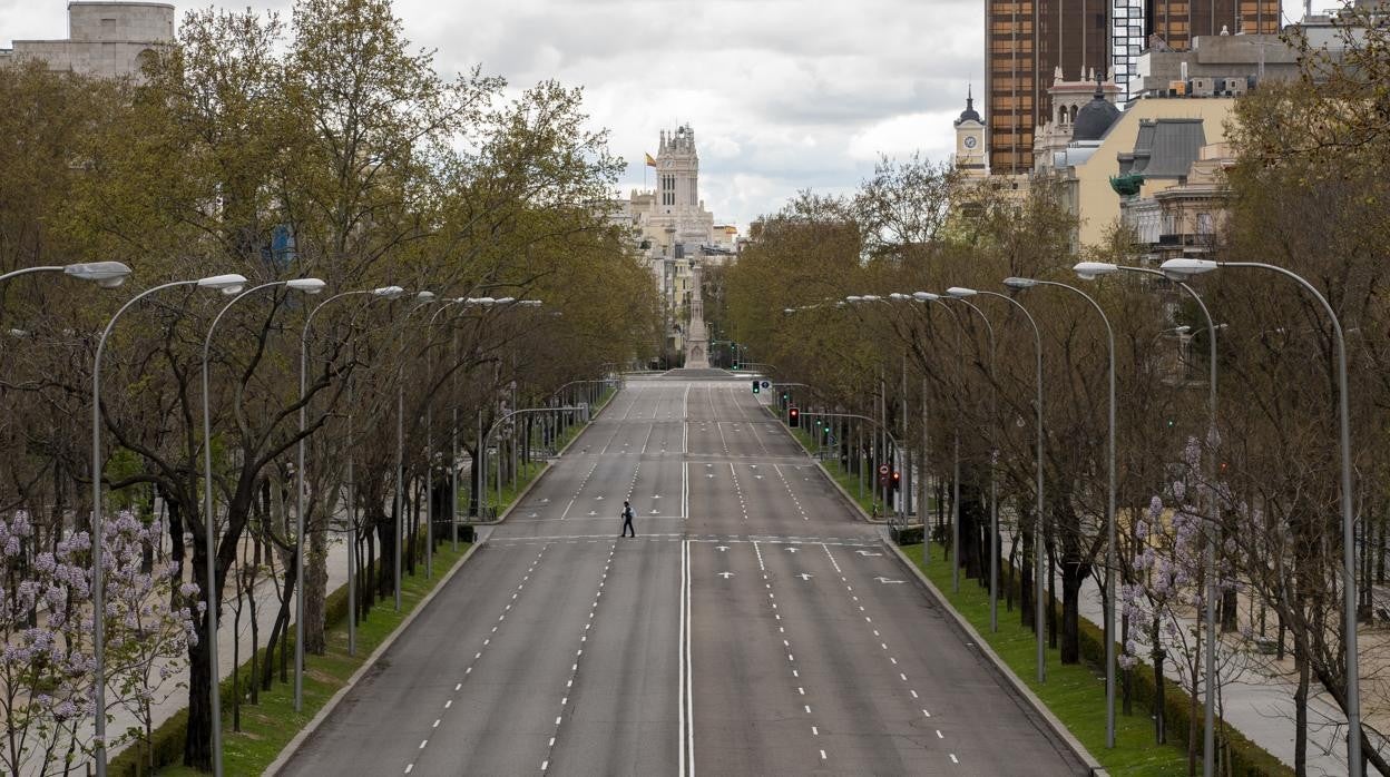 El paseo de la Castellana, vacío, en marzo de 2020, en estado de alarma