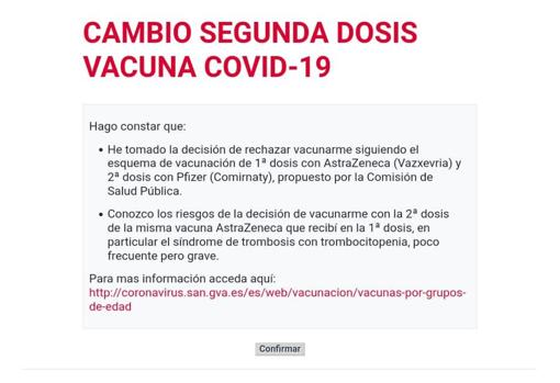 Imagen de la captura para elegir la vacunación en segunda dosis con AstraZeneca