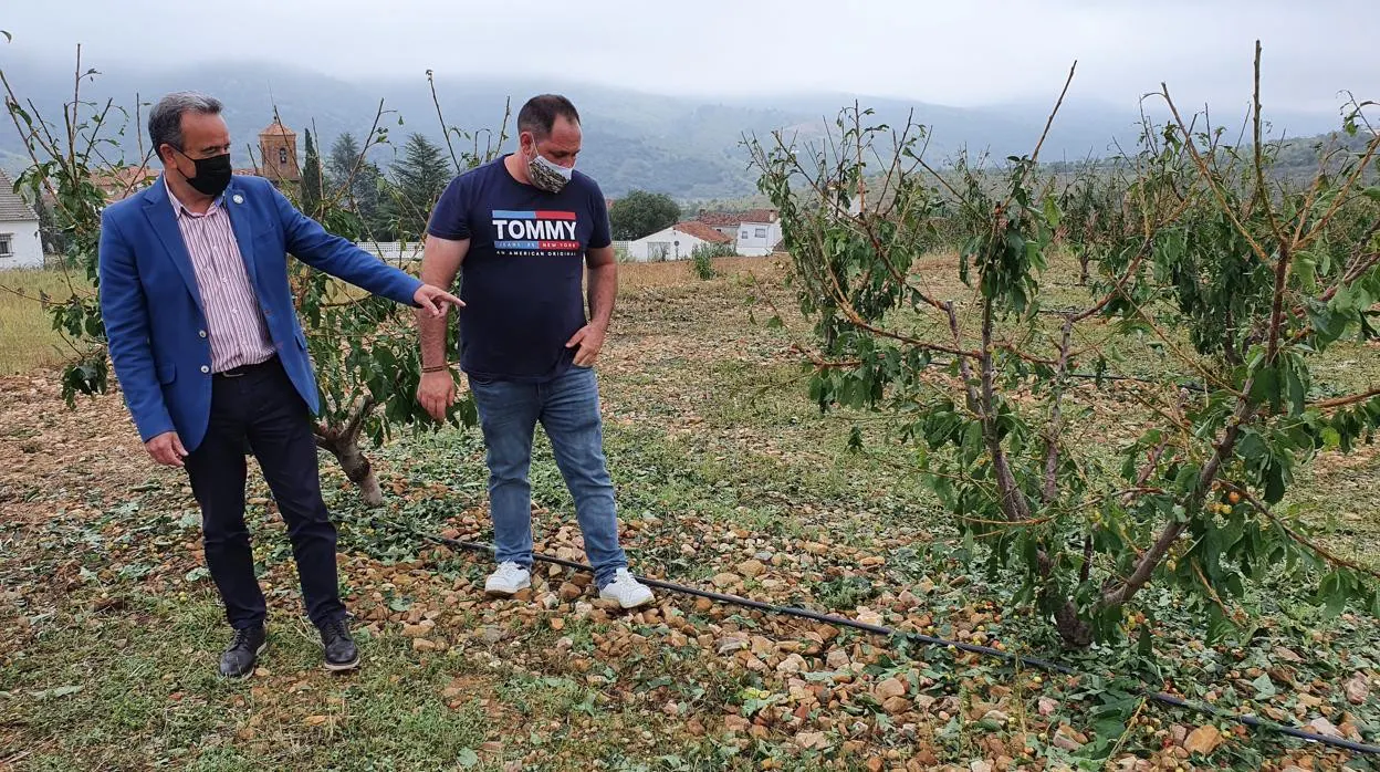El presidente de la DPZ, Juan Antonio Sánchez Quero, con un agricultor en uno de los campos arrasados esta semana por las tormentas de pedrisco, en Santa Cruz de Grío