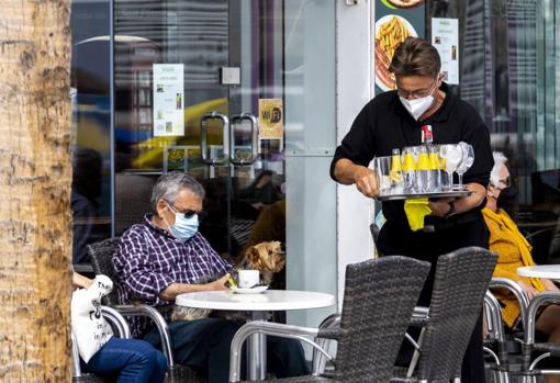 Un camarero sirve una consumición en un bar de Benidorm