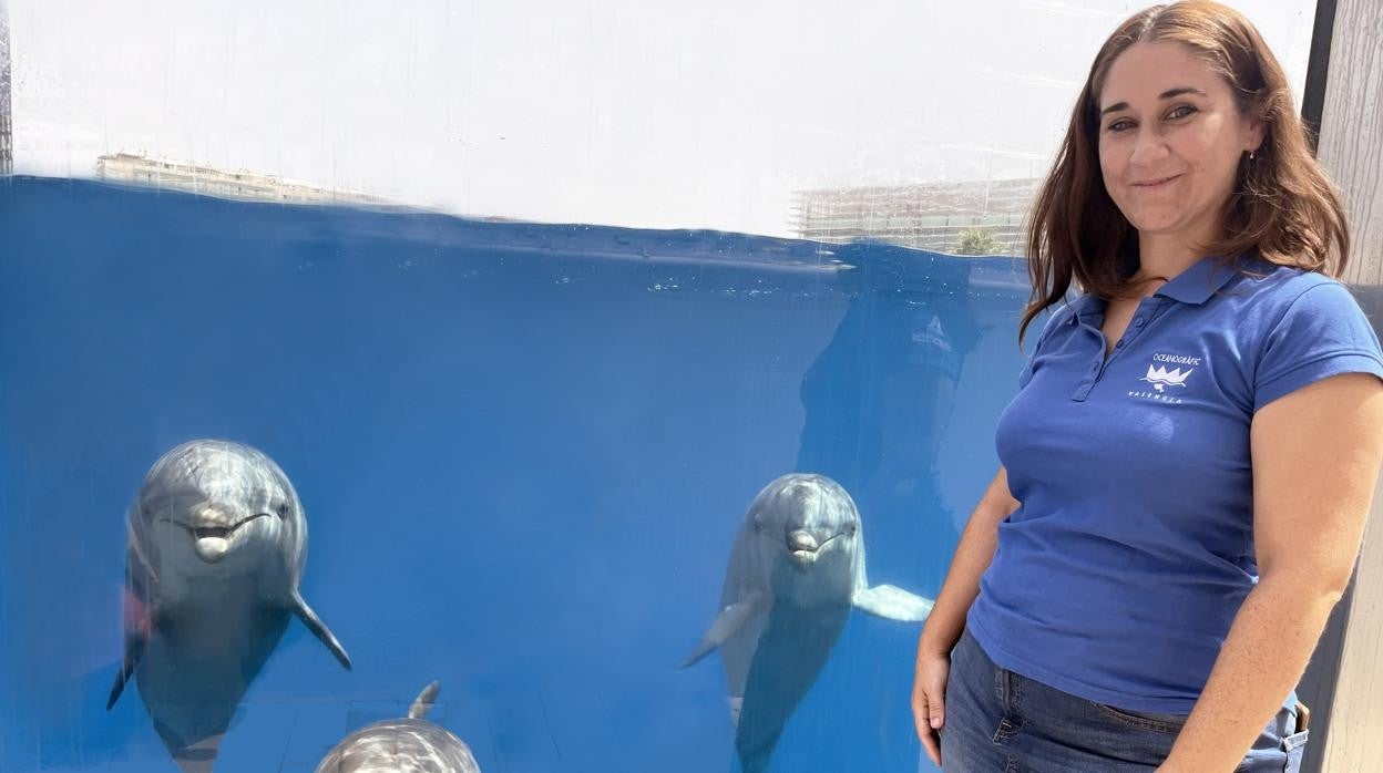 Imagen de la bióloga Maria del Carmen Fuentes junto a delfines del Oceanogràfic de Valencia