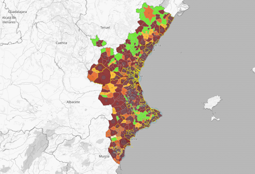 Mapa con la incidencia acumulada del coronavirus en la Comunidad Valenciana durante los últimos catorce días