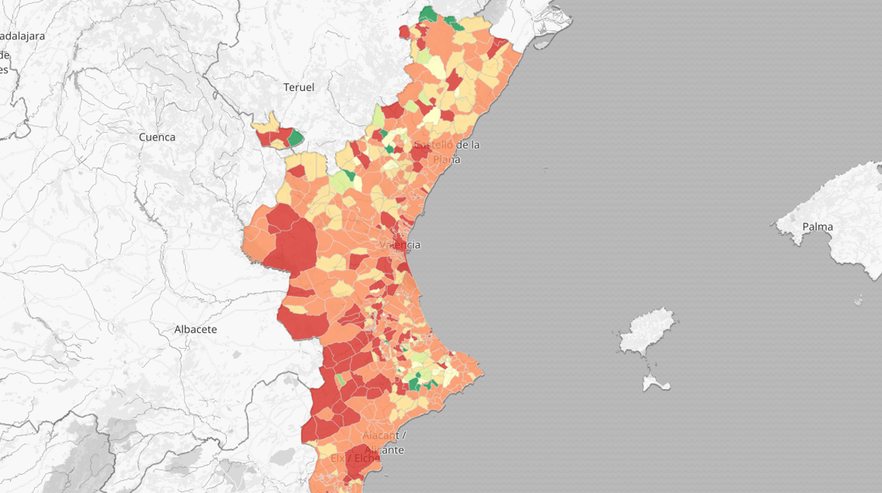 Mapa de la incidencia acumulada del coronavirus por municipios en la Comunidad Valenciana