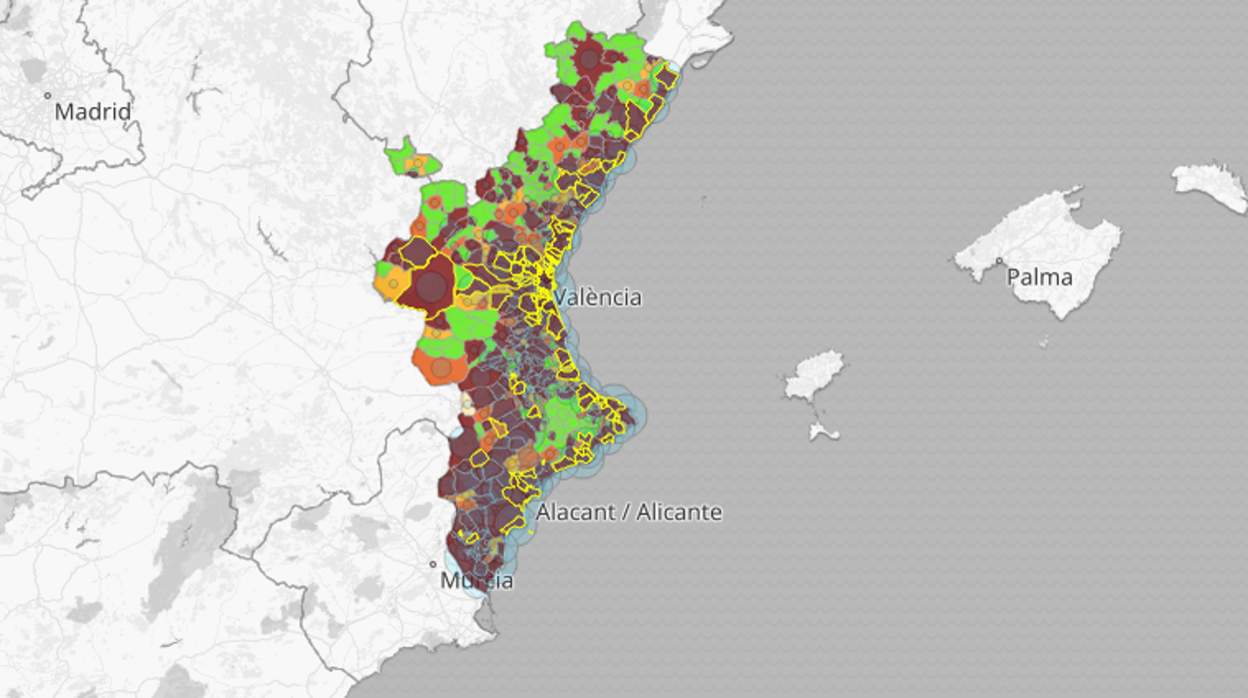 Mapa de la incidencia del coronavirus por municipios en la Comunidad Valenciana en 14 días según las pruebas PCR y test de antígenos