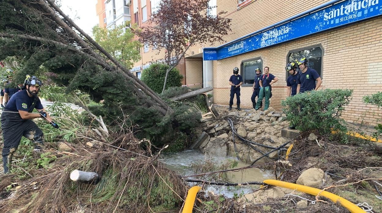 Bomberos retirando el agua y los restos arrastrados por el agua