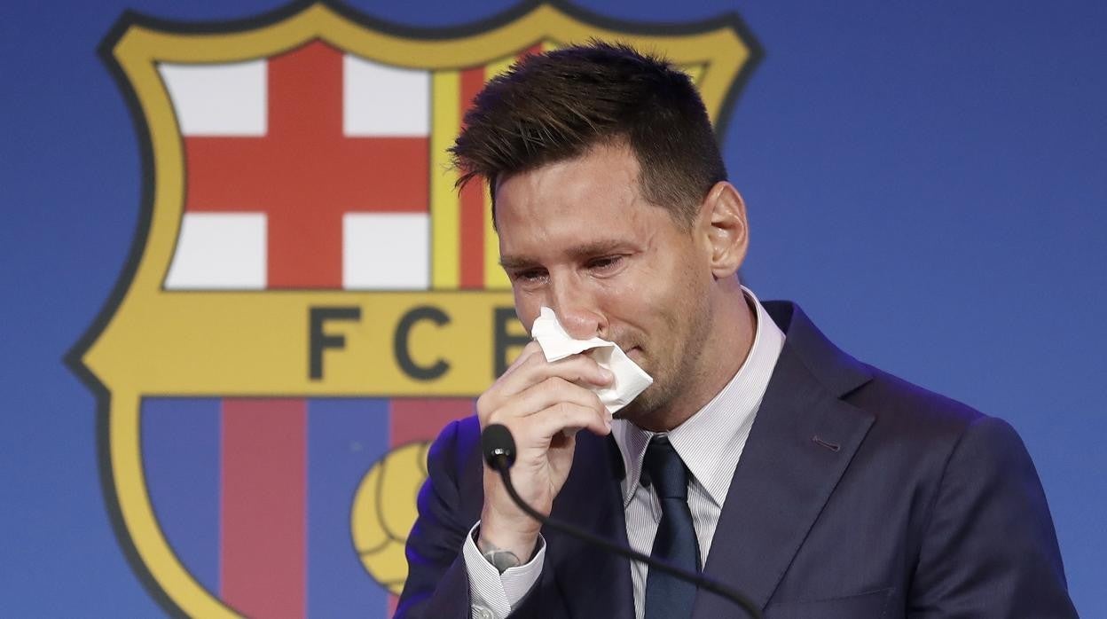 Imagen de Leo Messi en la rueda de prensa de despedida del FC Barcelona