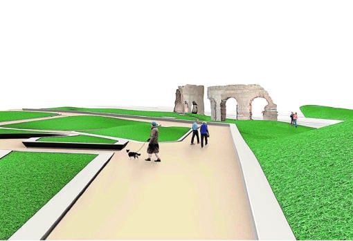 Recreación de los arcos del 'camino de ronda' del cuartel de San Gil ya restaurados y en su futura ubicación integrados en los jardines de la plaza de España