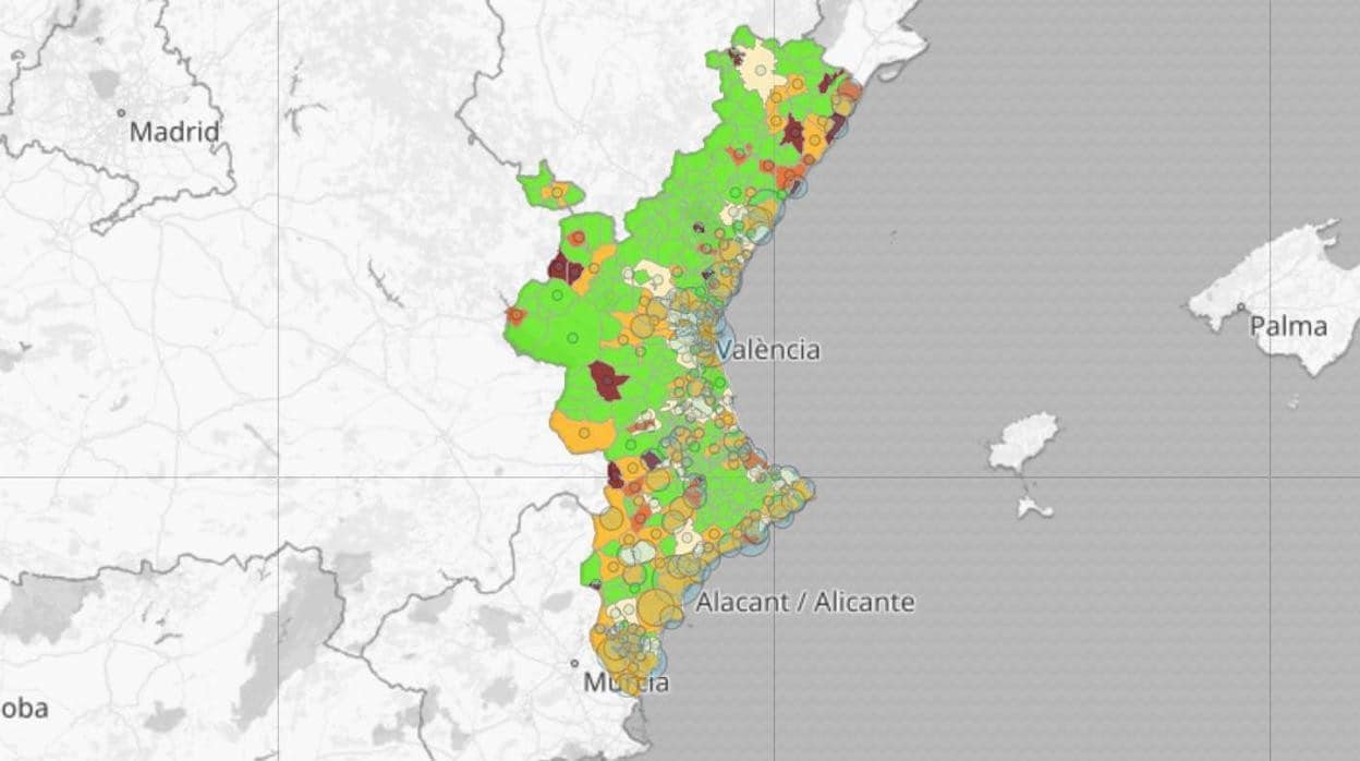 Imagen del mapa de la incidencia del coronavirus en la Comunidad Valenciana en los últimos catorce días