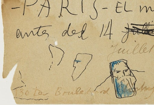 Detalle del retrato o interpretación de Rodin que incluye la carta