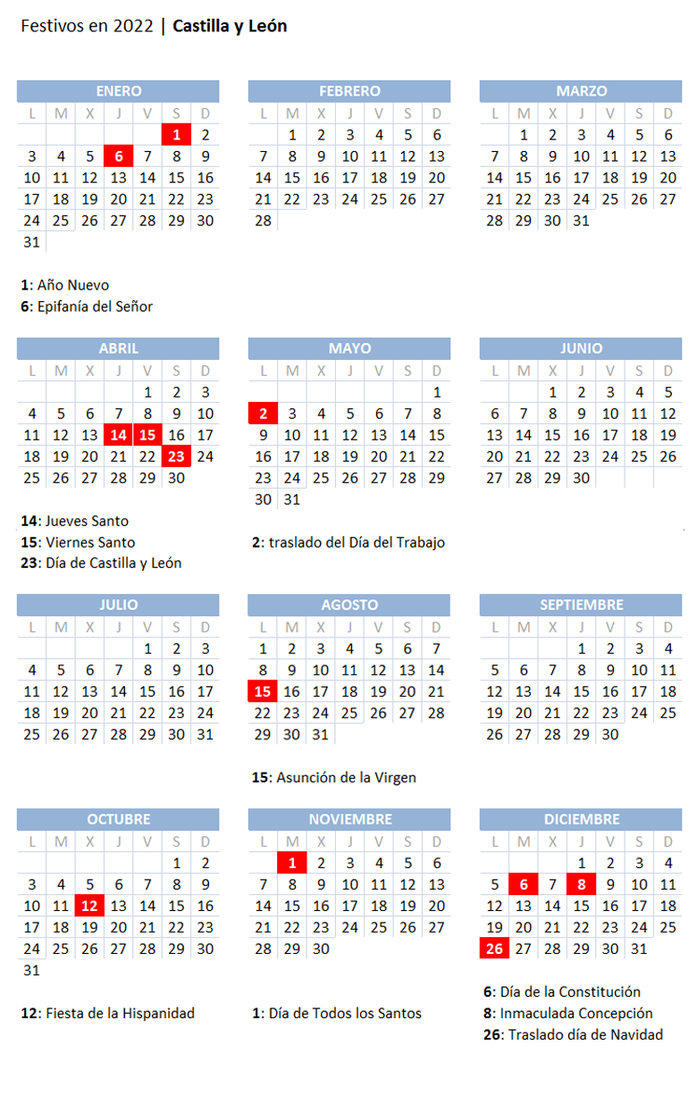 Calendario laboral 2022 en Castilla y León: estos días serán festivos y puente el próximo año