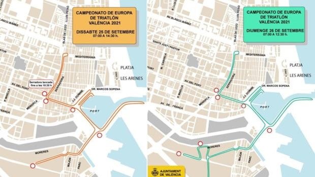 Calles cortadas y líneas de la EMT desviadas el sábado 25 y el domingo 26 de septiembre en Valencia por el triatlón