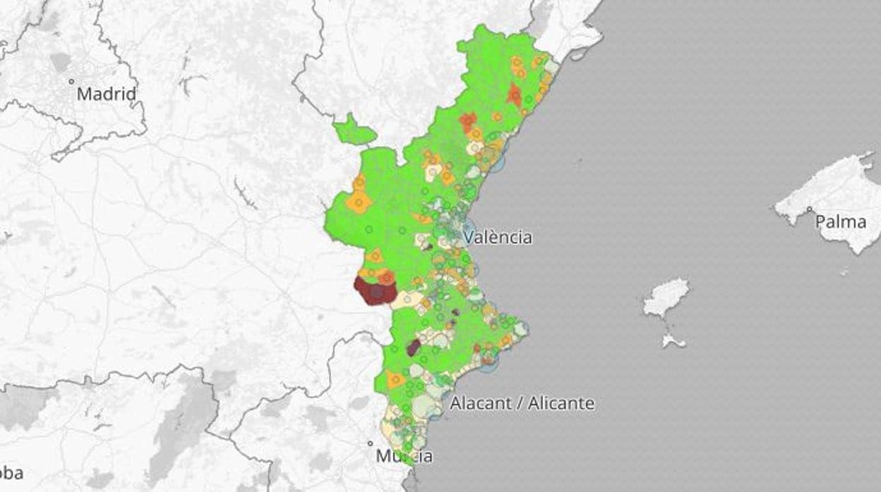 Imagen del mapa de la incidencia acumulada de coronavirus por cada 100.000 habitantes durante las dos últimas semanas en la Comunidad Valenciana