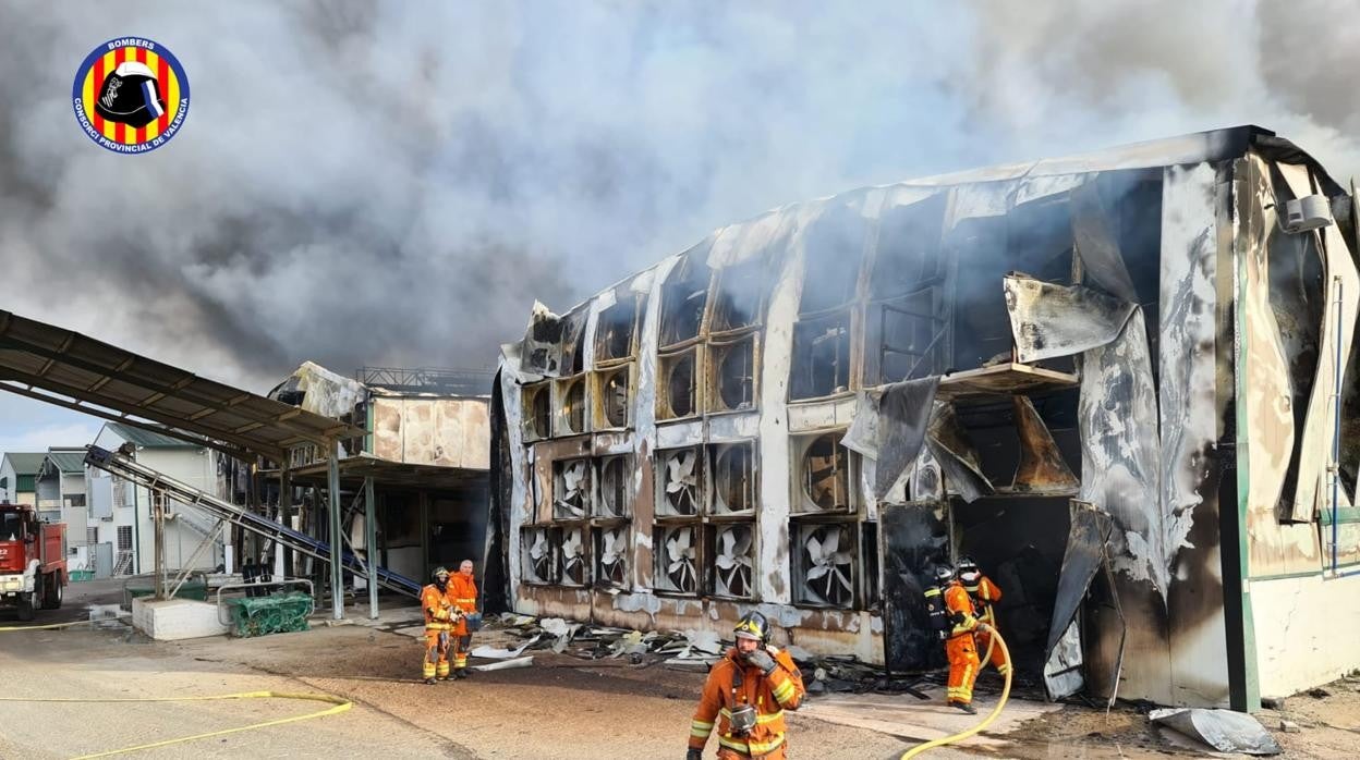 Efectivos de Bomberos trabajan en la extinción del incendio, que ha arrasado la granja avícola en Sinarcas (Valencia)