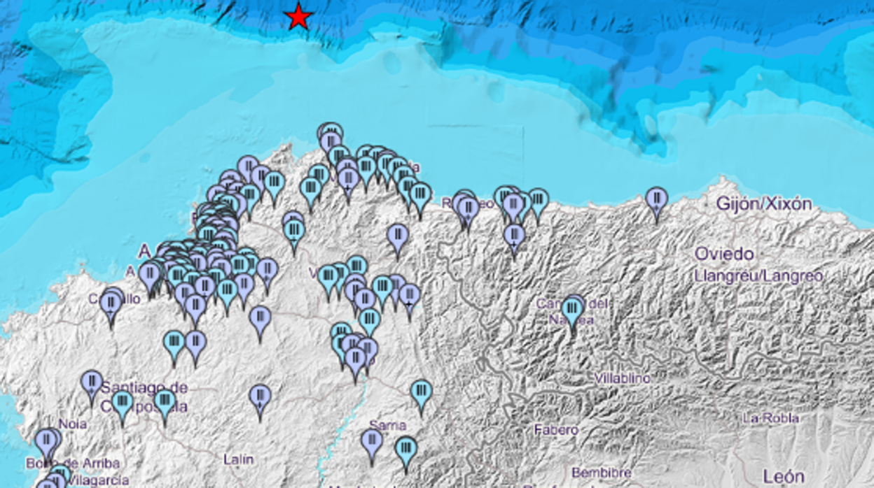 El epicentro, en rojo, y las zonas afectadas marcadas con puntos