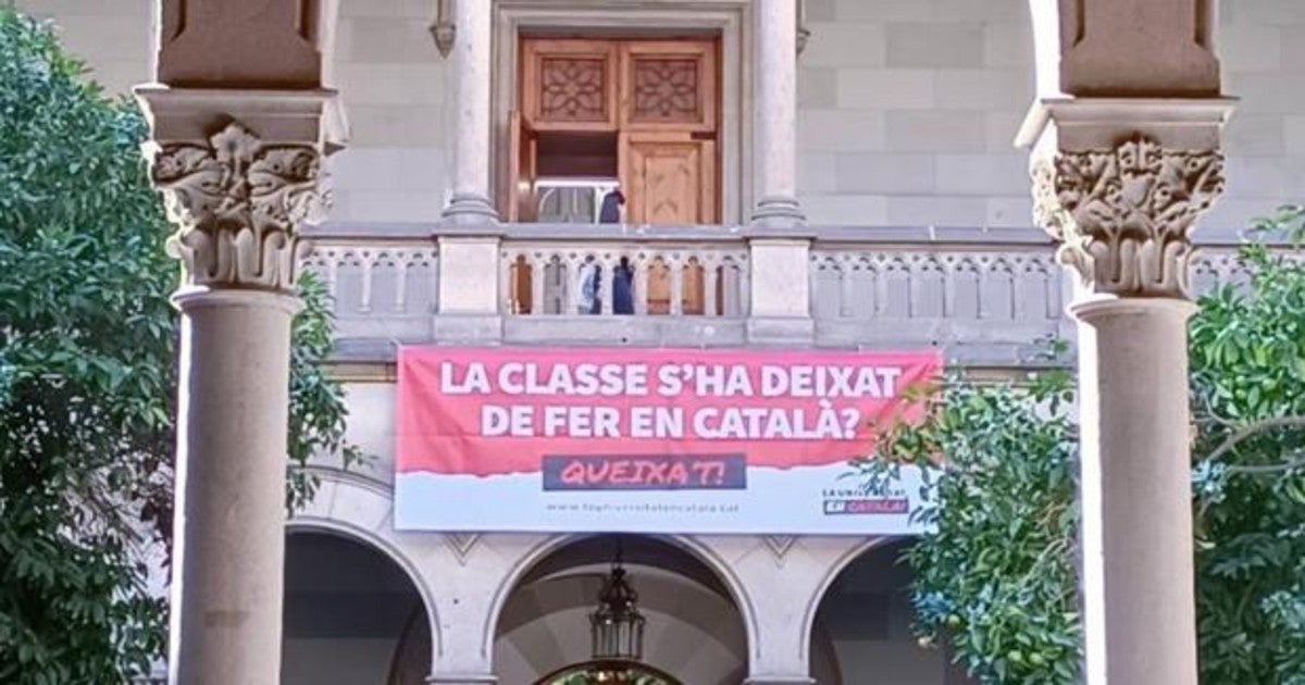 Imagen de la campaña de Plataforma per la Llengua colgada en el patio central de la UB