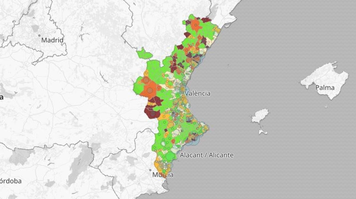 Mapa de la incidencia acumulada del coronavirus en la Comunidad Valenciana en los últimos catorce días