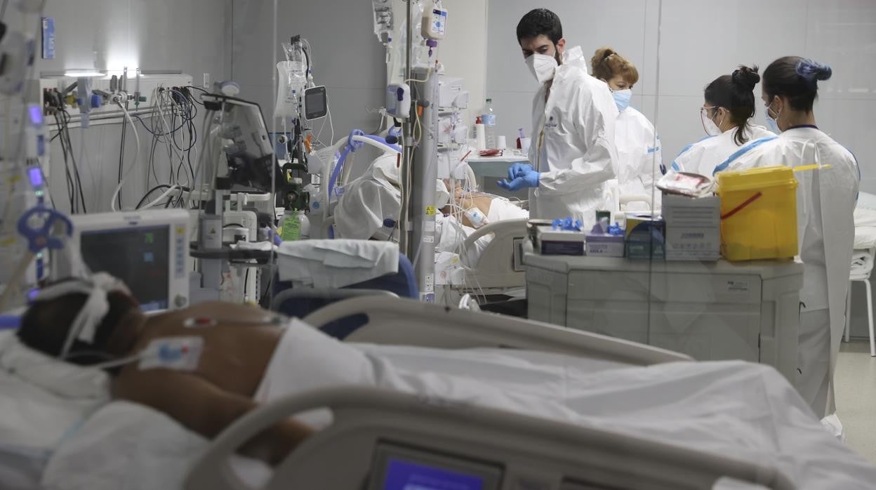 Personal del Zendal traslada a un paciente ingresado en la UCI