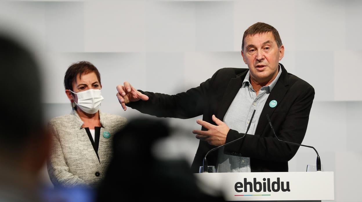 El coordinador de EH Bildu, Arnaldo Otegi (dcha.), y la portavoz en el Congreso, Mertxe Aizpiurua (izda.),