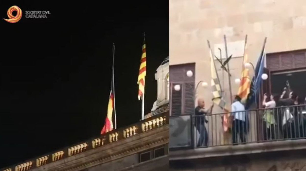 Dos momentos del vídeo en el que se retiran la bandera de España de dos edificios públicos en Cataluña